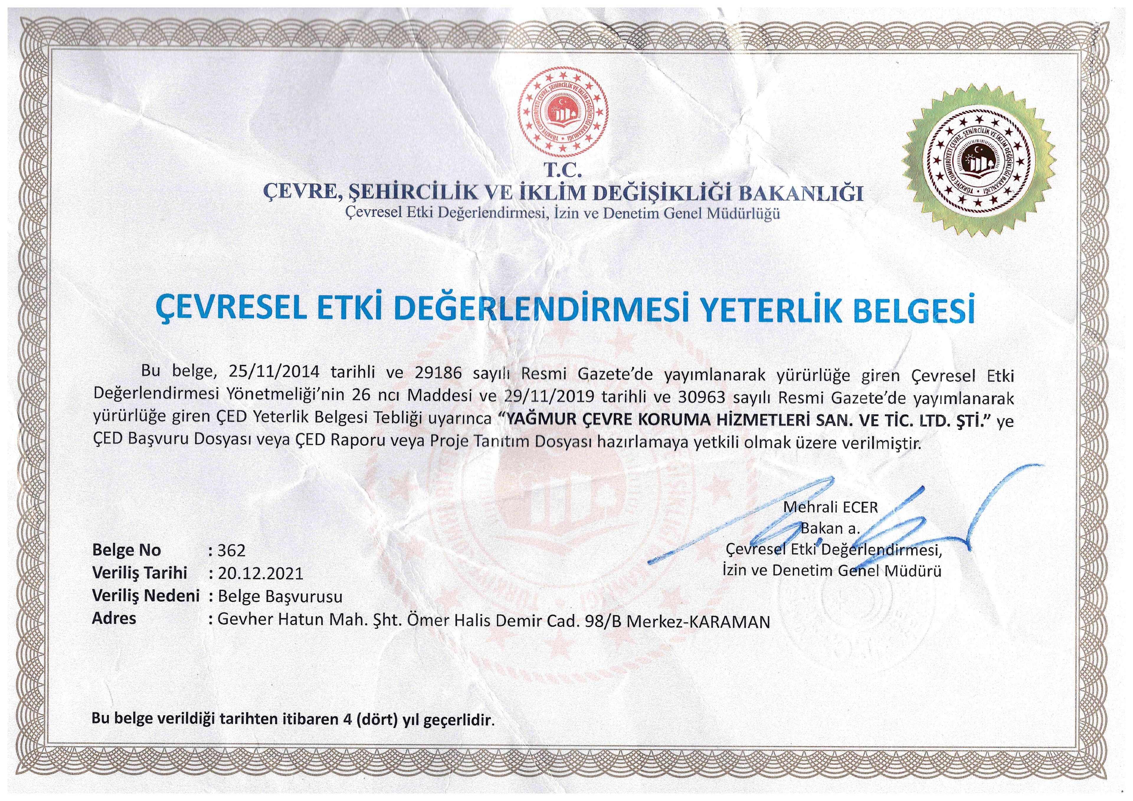 ÇED Yeterlik Belgesi (2021-2025)
