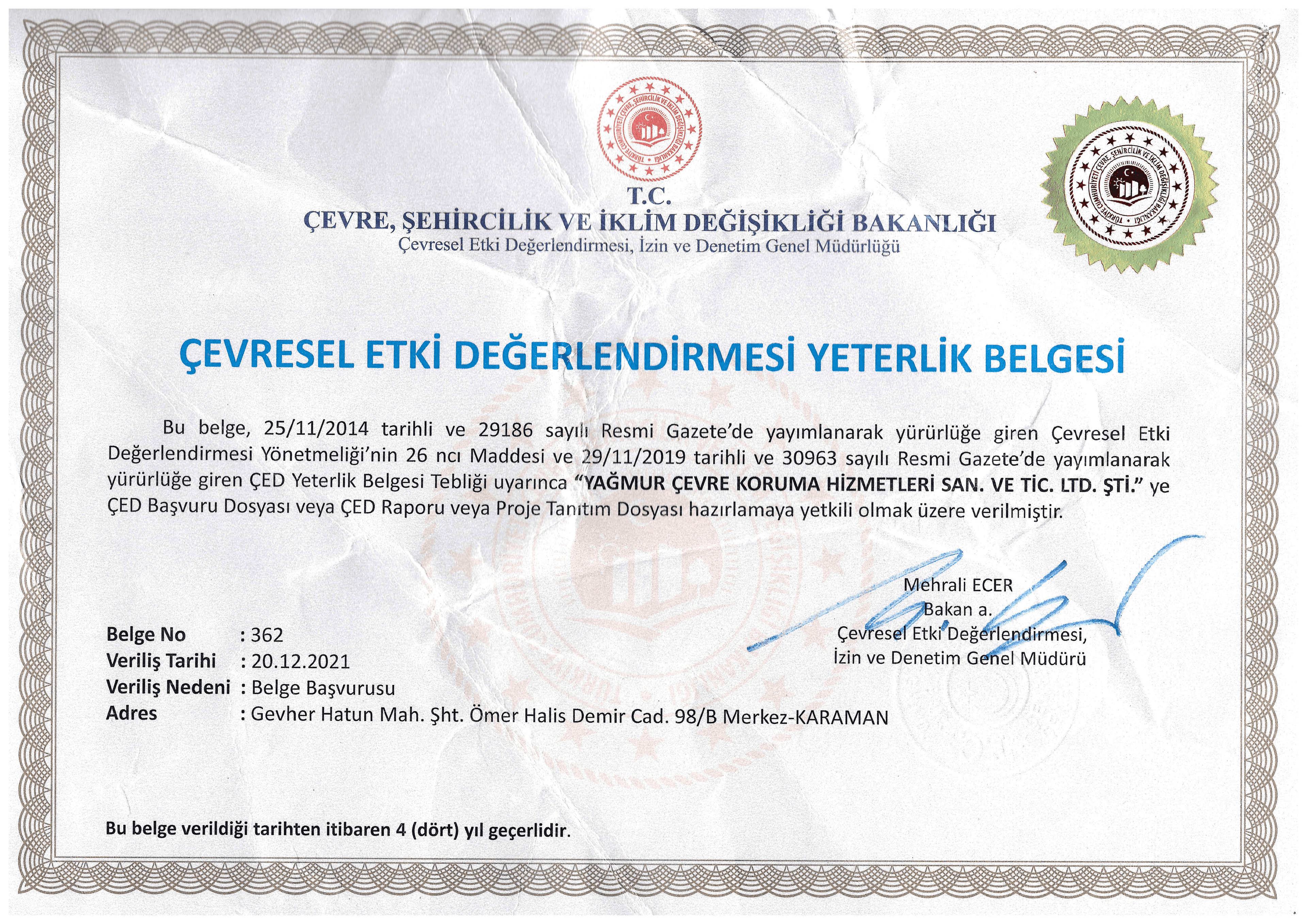 ÇED Yeterlik Belgesi (2021-2025)