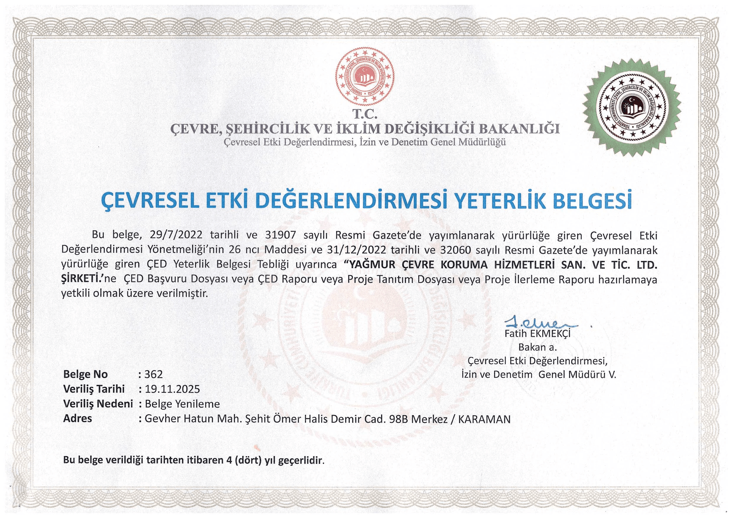 ÇED Yeterlik Belgesi (2025-2029)