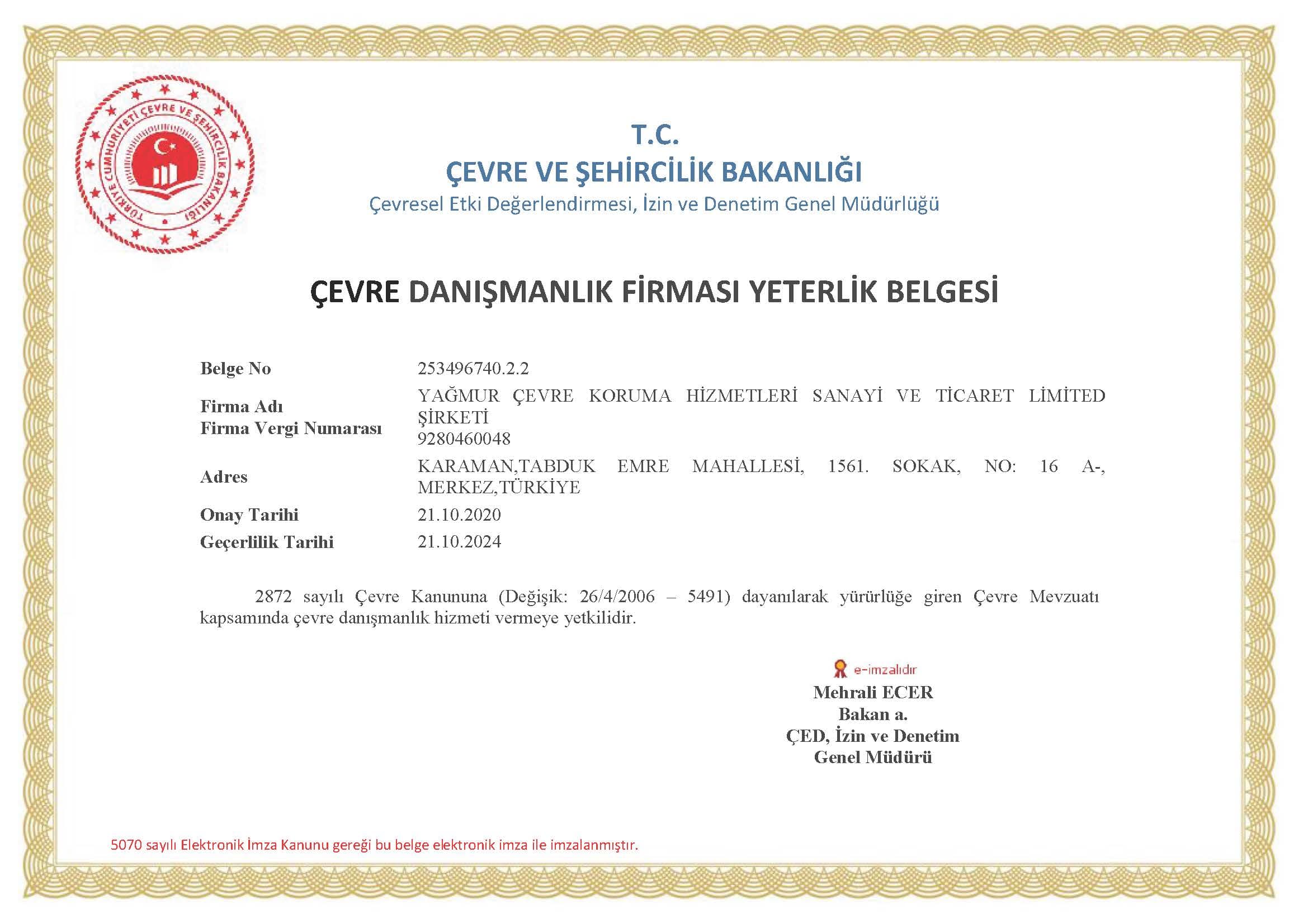 Çevre Danışmanlık Yeterlik Belgesi (2020-2024)
