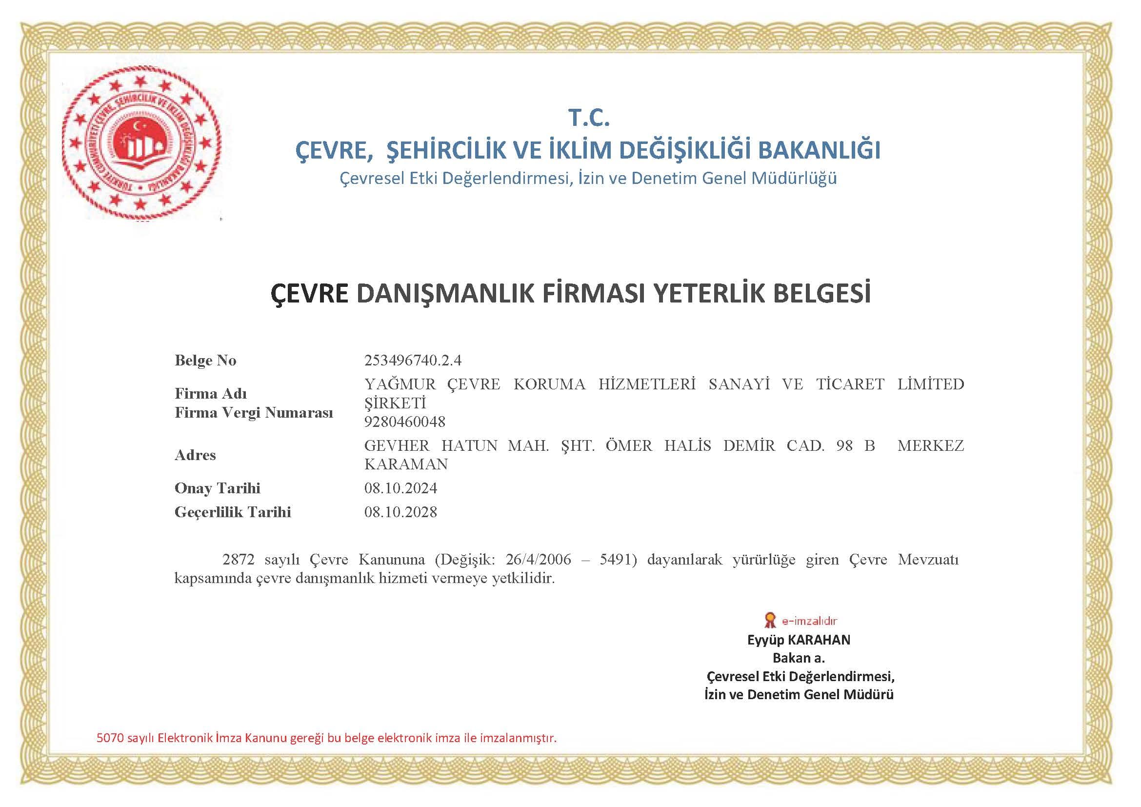 Çevre Danışmanlık Yeterlik Belgesi (2024-2028)
